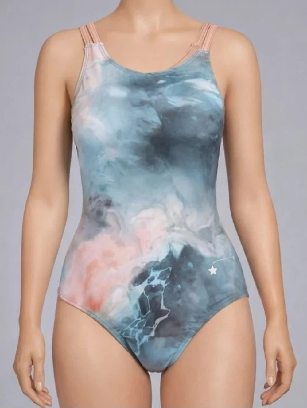 ABSTRACT Destira Gymnastics Dance Leotard Medium Peach WATERCOLOR Strappy Back
